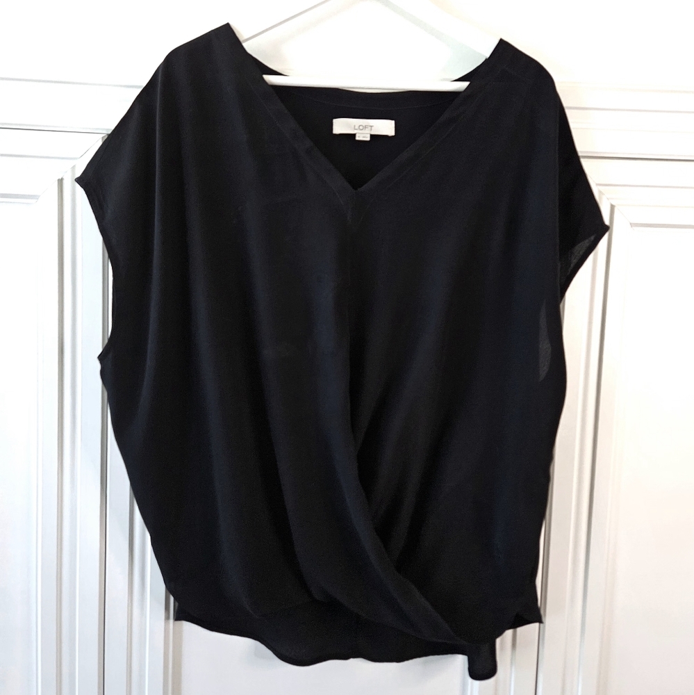 LOFT Elegant Black V-Neck Faux Wrap Blouse